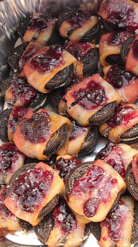 406 BBQ offers a unique sweet and savory specialty: huckleberry smoked bacon-wrapped Oreos. (Courtesy photos)