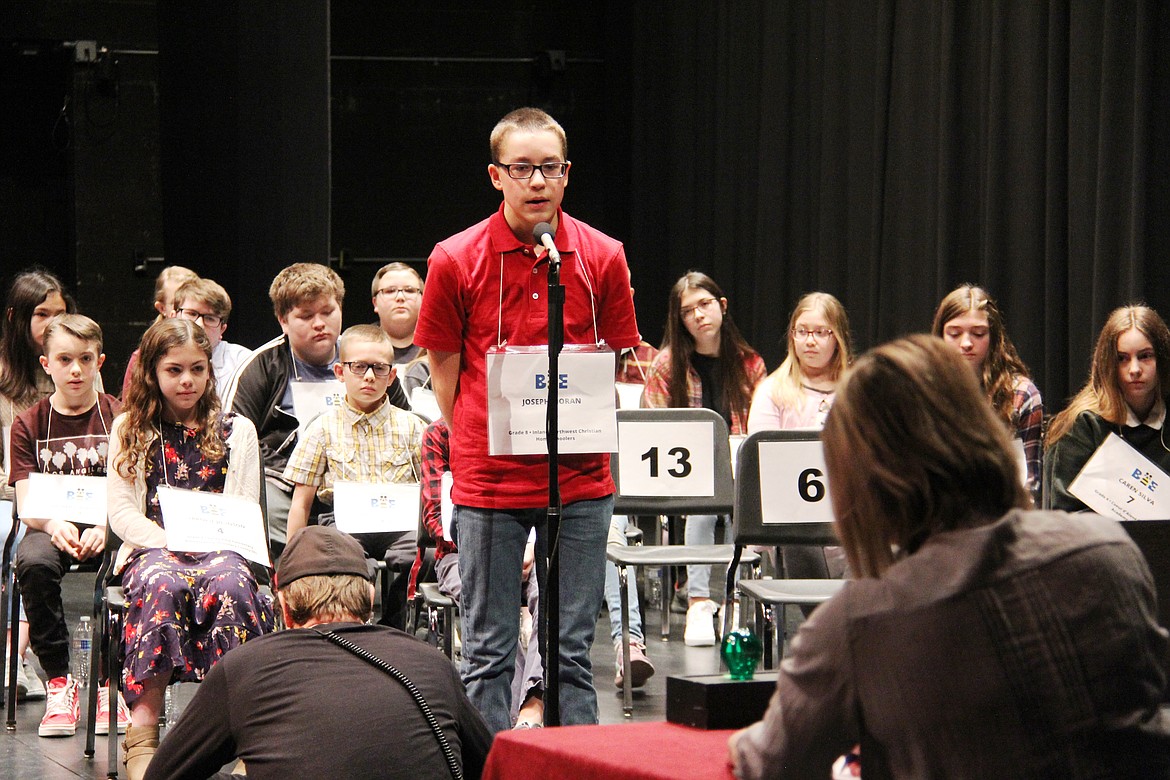 Joseph Moran, an eighth-grade student from Hayden, spelling during the practice round at the 17th annual North Idaho Regional Spelling Bee at North Idaho College on Feb. 29, 2020. This was the fourth year in a row that Moran won the championship. Photo courtesy of North Idaho College