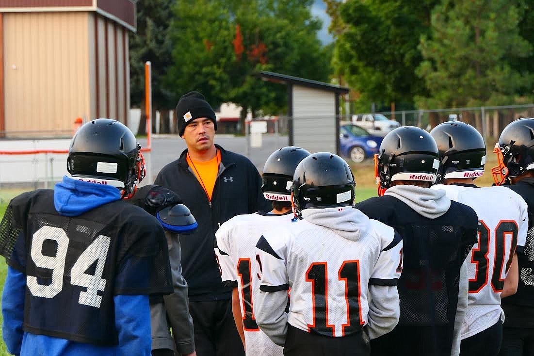 Plains Horsemen new coach Ryan Hart addresses his team prior to the start of a recent practice. (Chuck Bandel/Valley Press)