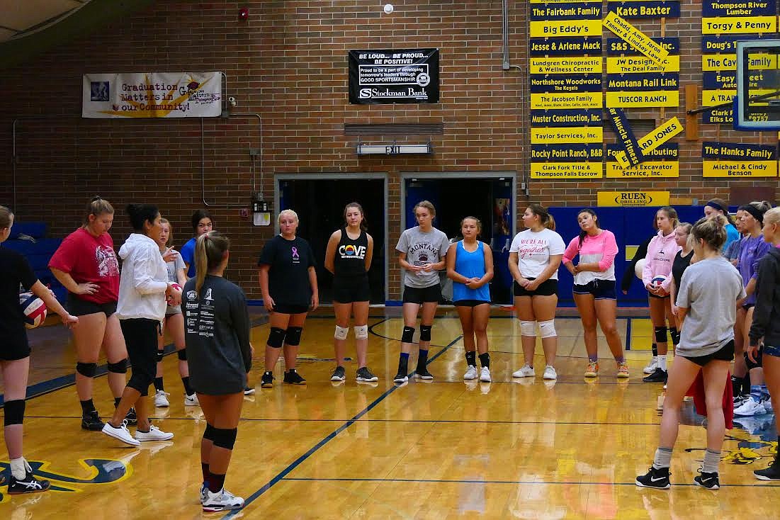 Thompson Falls coach Sandra Kazmeirczak talks to her large turnout of players prior to practice last week. (Chuck Bandel/Valley Press)