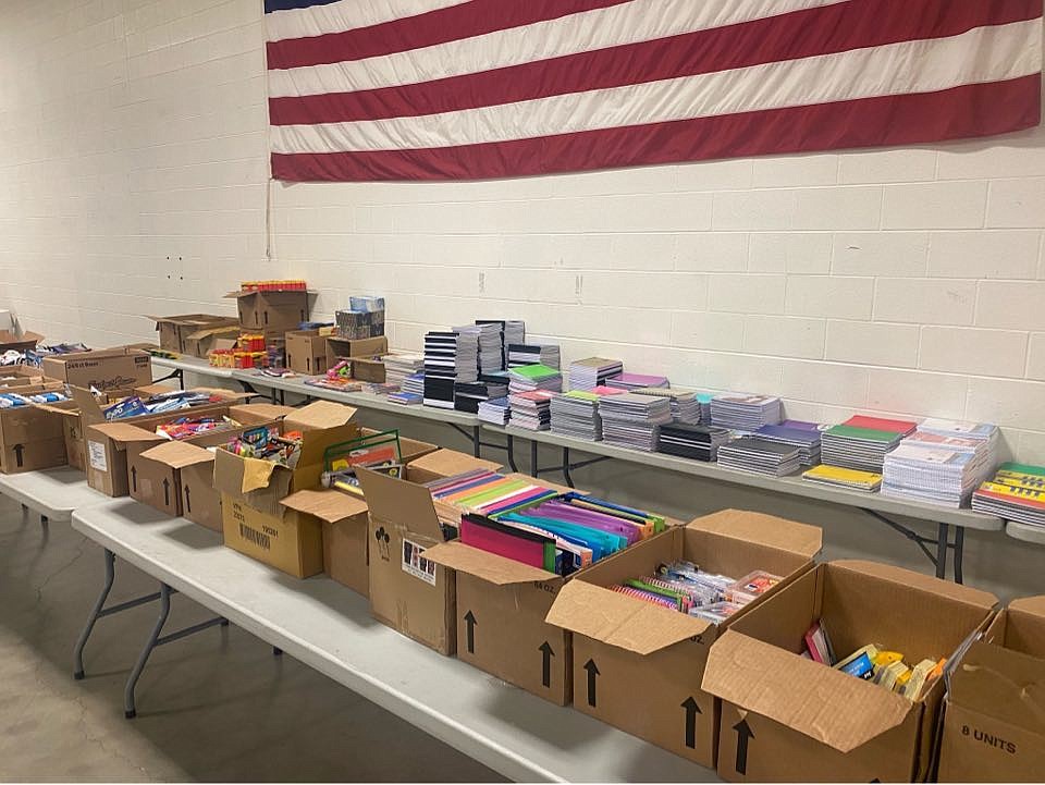 Around $8000 in school supplies were donated through local Dollar Tree drives to the Back-to-School Brigade, a program for military families. The giveaway runs from 8:30 a.m. to 3 p.m. at the Idaho Army National Guard post in Post Falls until Friday. Photo courtesy of Cassandra Rzepa