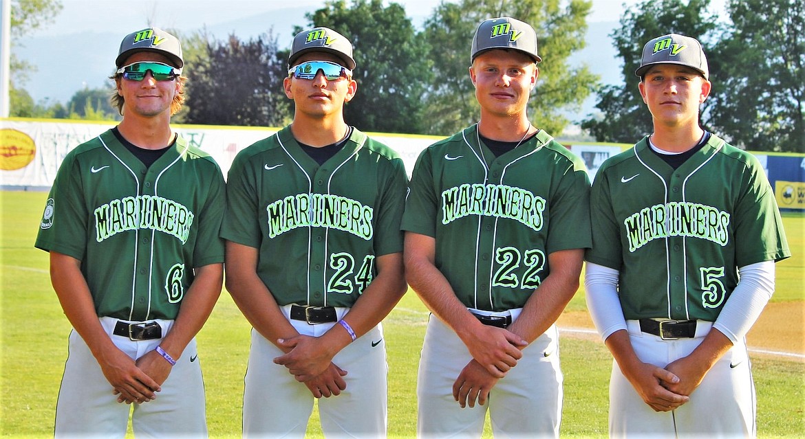 The Western A District runner-up Mission Valley Mariners (36-19) placed a quartet among the 2021 Legion A postseason honors list: all-state Xavier Fisher (6), all-conference Alex Muzquiz (24), all-conference Dawson DuMont (22) and honorable mention Espn Fisher (5). (Courtesy of Leeanna Muzquiz)