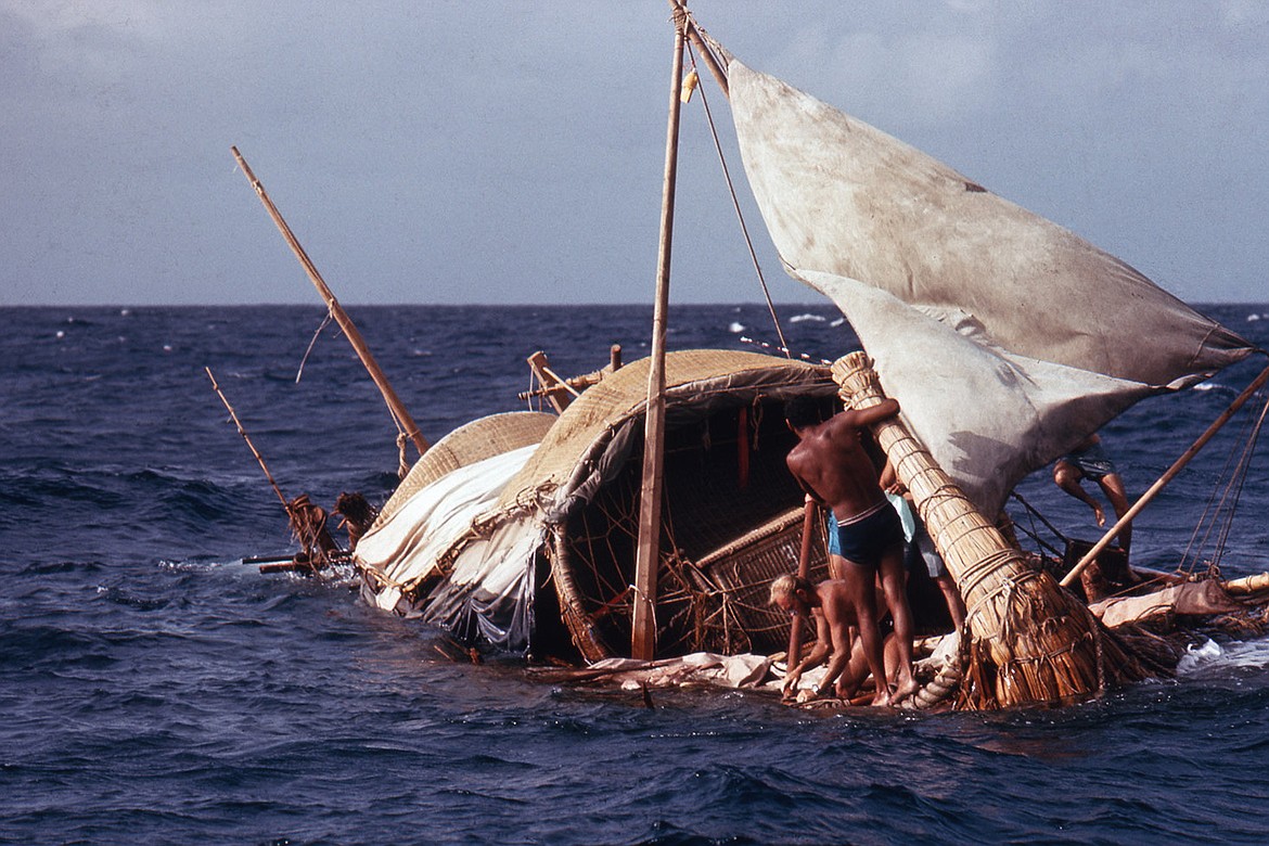 Ra I struggling to stay afloat in the Atlantic, finally abandoned and crew rescued before reaching its destination, Barbados in the West Indies (1969).