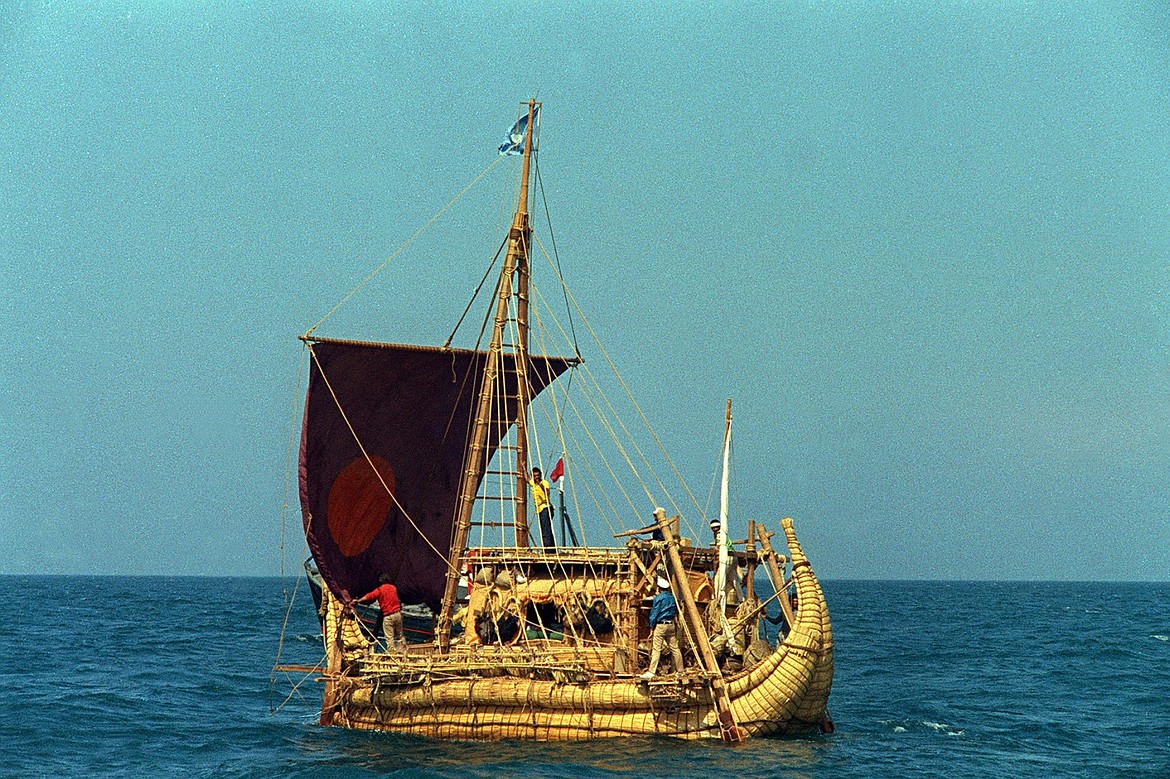 Thor Heyerdahl’s reed Ra II made it across the Atlantic from Safi, Morocco, after Ra I failed a year earlier and had to be abandoned about 100 miles short of Barbados (1970).