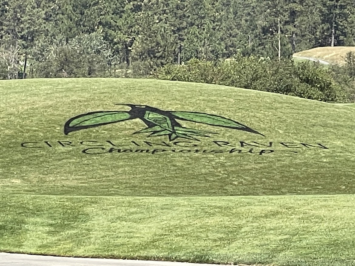 MARK NELKE/Press
The Circling Raven Championship logo is painted into a mound near the 18th green (usually the ninth green) at Circling Raven Golf Club, in preparation for this week's Symetra Tour event.