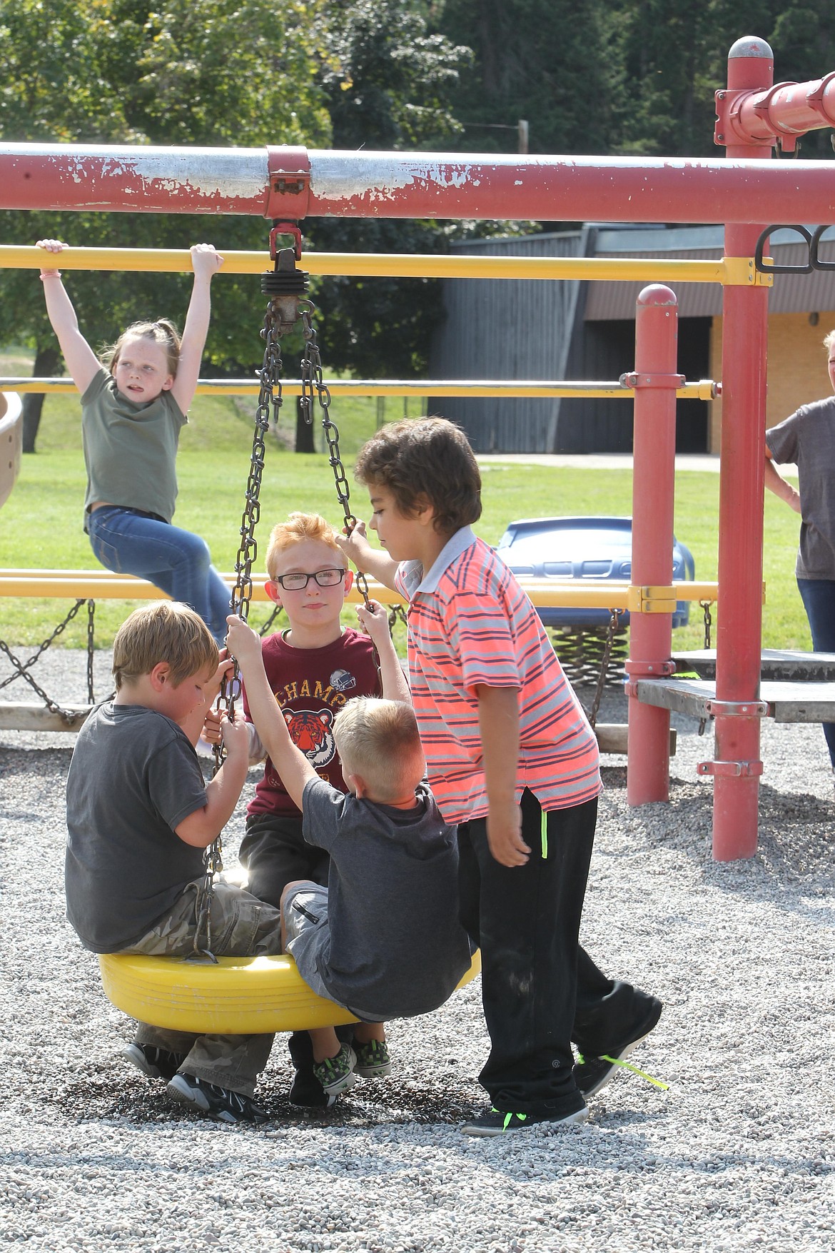 Libby Elementary School students play after their first day of classes on Aug. 25. (Will Langhorne/The Western News)