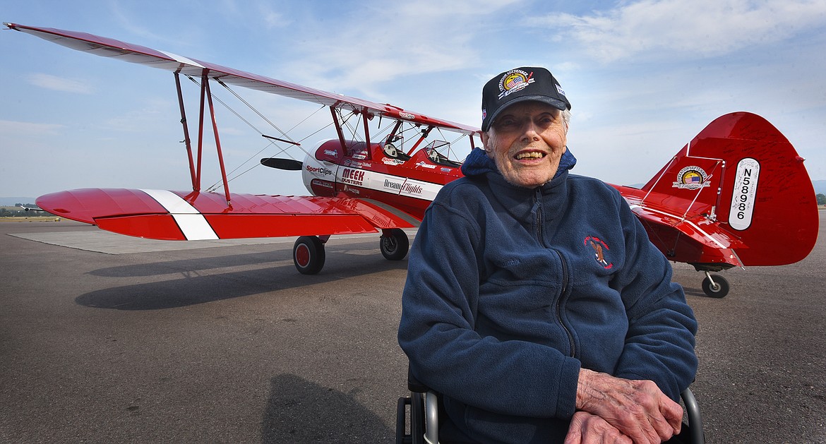 Arnold Peterson, a 99-year-old Navy veteran, received a flight in a Boeing-Stearman Model 75 biplane at Glacier International Airport on Thursday, Aug. 26, 2021, as part of nonprofit Dream Flights' Operation September Freedom, which honors World War II veterans. (Jeremy Weber/Daily Inter Lake)