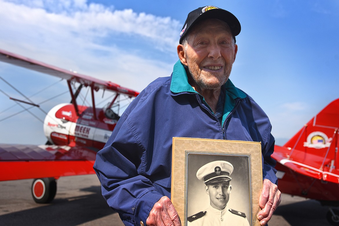 Kenneth Schrammeck, 98, took to the skies for a flight in a Boeing-Stearman Model 75 biplane at Glacier International Airport on Thursday, Aug.. 26, 2021, for the first time since training in one as a Navy aviator in World War II. (Jeremy Weber/Daily Inter Lake)