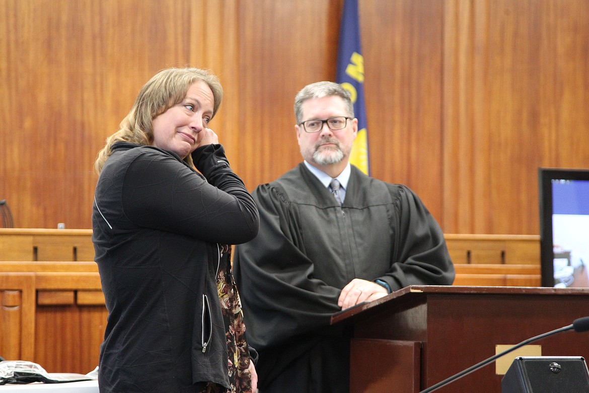 Adriane Pomery speaks at the Lincoln County Treatment Court graduation ceremony on Aug. 24. (Will Langhorne/The Western News)