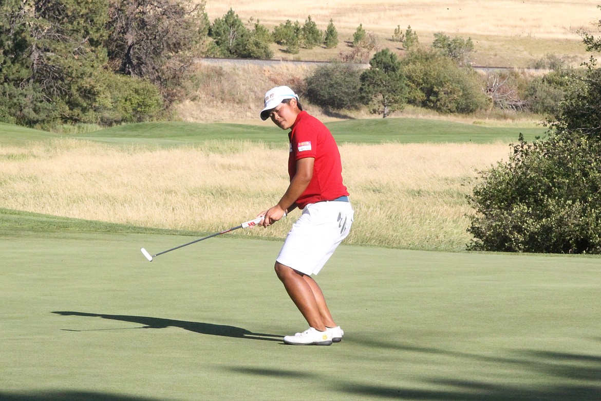 MARK NELKE/Press
Peiyun Chien reacts to a missed birdie putt on the 17th hole of the inaugural Circling Raven Championship on Sunday at Circling Raven Golf Club in Worley. Chien went on to post a one-stroke victory.