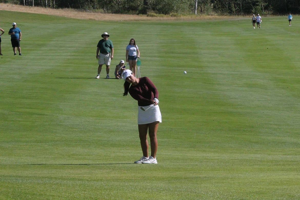 MARK NELKE/Press
Sophia Schubert chips onto the 10th green in the final round of the Symetra Tour's inaugural Circling Raven Championship on Sunday at Circling Raven Golf Club in Worley. Schubert, tied for the lead after two rounds, shot 2-under 70 on Sunday and finished tied for fifth at 13 under, three shots back of the winner.