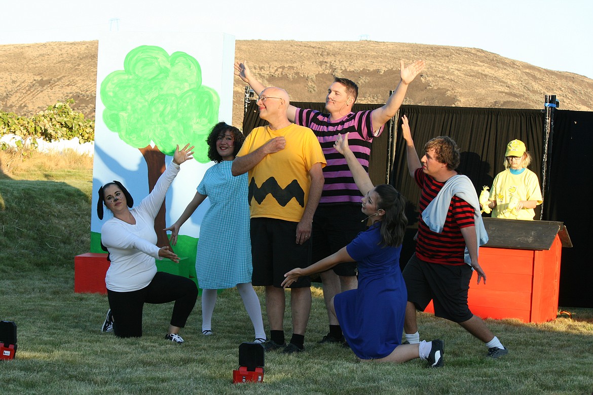 Charlie Brown (Galen Golay, center) learns he’s a good man from (from left) Snoopy (Marie Jamison), Patty (Allie Manly), Schroeder (Kory Hebdon), Lucy (Larissa Hebdon) and Linus (Warren Lybbert).