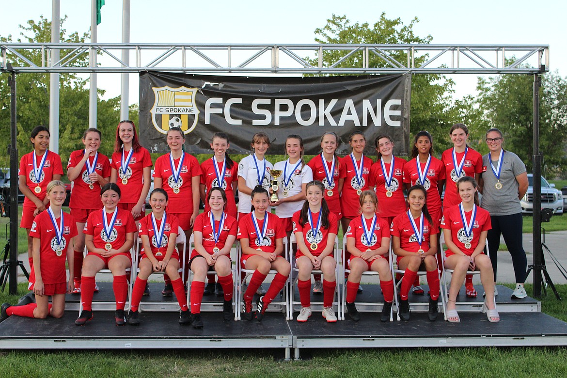 Courtesy photo
The Thorns North FC 07/08 girls white soccer team took first place in their division in the River City Challenge last weekend at the Plantes Ferry Sports Complex in Spokane Valley. In the front row from left are Caitlin Zent, Maddison Longo, Georgia Nelson, Zayda Voigt, Greta Hegstad, Ellie Moss, Ashley Breisacher, Savannah Rojo and Elena Nilson; and back row from left, Sienna Low, Mattie Fish, Channing Icardo, Emerson Rakes, Leylah Hexum, Elsie Nelson, Lily Smith, Lily Bole, Ava Glahe, Bayah Ratigan, Makeala Randall, Libby Morrisroe and coach Sadie Schmeling.