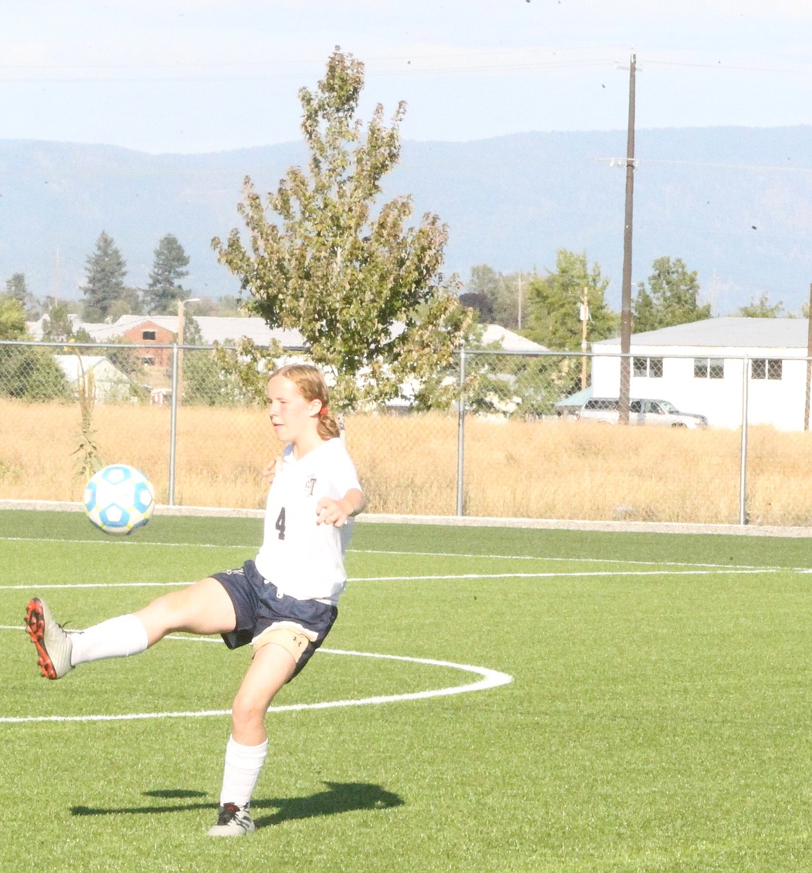 JASON ELLIOTT/Press
Timberlake midfielder Trinity Orrison plays the ball off of her foot during the first half of Wednesday's Intermountain League match at The Fields at Real Life in Post Falls.