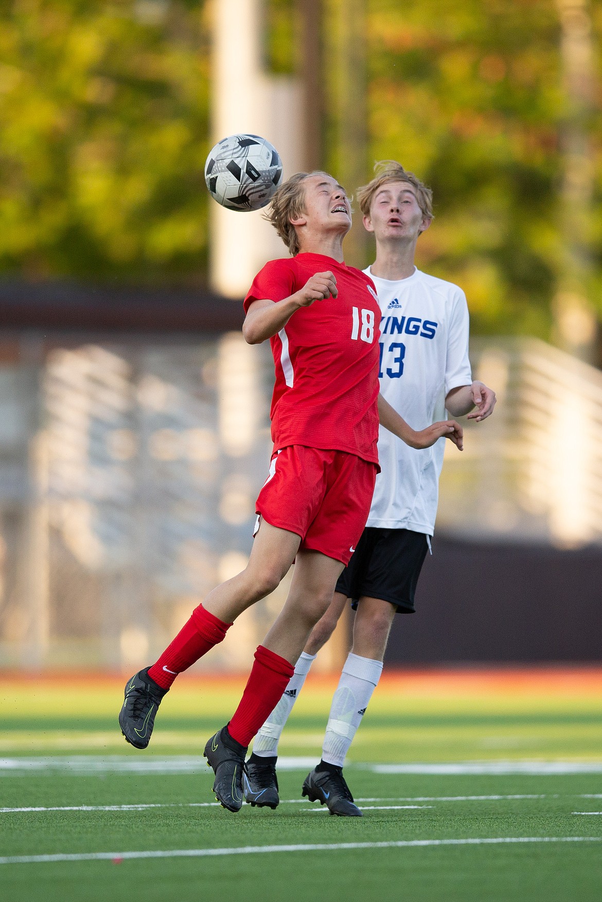 Emmett Morgan elevates for a header on Thursday.