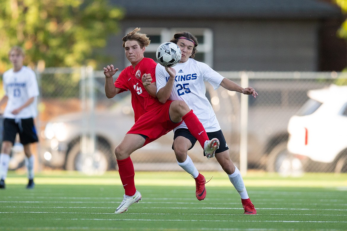 Pierce McDermott battles for possession of the ball with a Coeur d'Alene defender on Thursday.