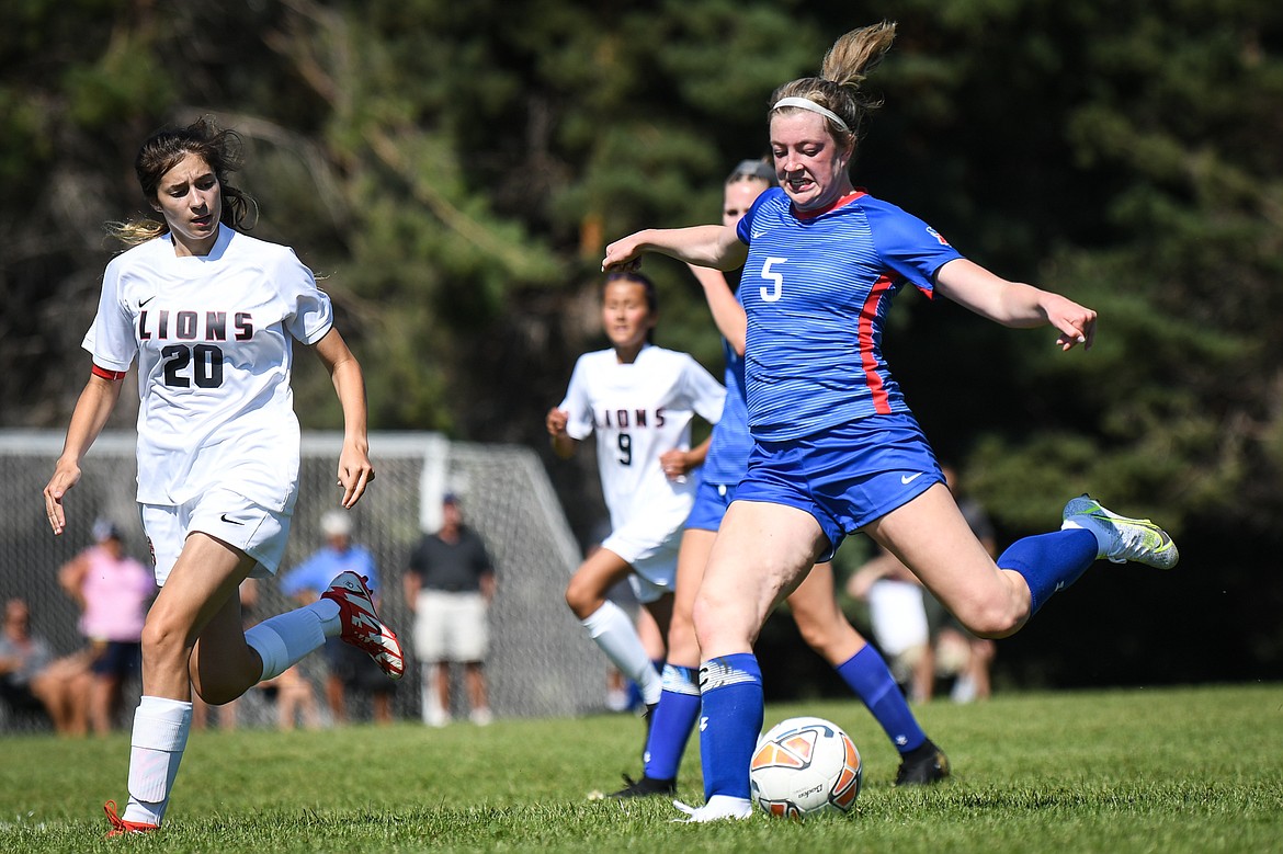 Bigfork's Lily Tanko (5) looks to shoot against Lockwood at Carlyle Johnson Park in Bigfork on Saturday, Sept. 4. (Casey Kreider/Daily Inter Lake)