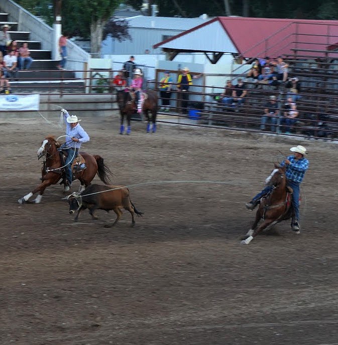 Nolan Conway and Shawn Bird work together in the team roping event Friday night during the PRCA Rodeo at the Sanders County Fair. (Adam Lindsay/Valley Press)