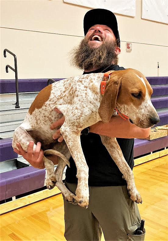 "Mountain Men" star Marlene accompanied Jake Herak when he spoke at Charlo schools recently. “That dog means the world to me," Herak said. "I would move a mountain for that girl right there.” (Carolyn Hidy/Lake County Leader)