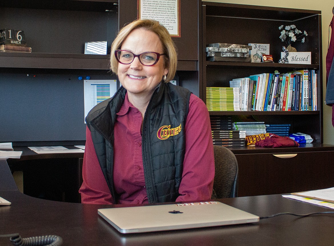 Moses Lake High School Principal Triscia Hochstatter stops for a photo at her desk at the high school on Friday afternoon.