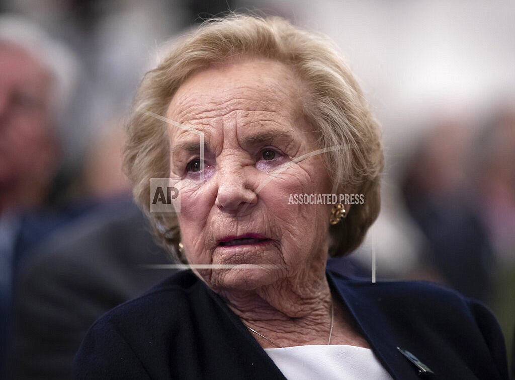 In this June 5, 2018 file photograph, Ethel Kennedy, widow of Senator Robert F. Kennedy who was assassinated during his 1968 presidential campaign, watches a video about her late husband during the Robert F. Kennedy Human Rights awards ceremony on Capitol Hill in Washington. In a brief statement released on Twitter by her daughter, lawyer and activist Kerry Kennedy, Ethel Kennedy said bluntly Tuesday Sept. 7, 2021 that her husband's assassin, Sirhan Sirhan, "should not be paroled." (AP Photo/J. Scott Applewhite, File)