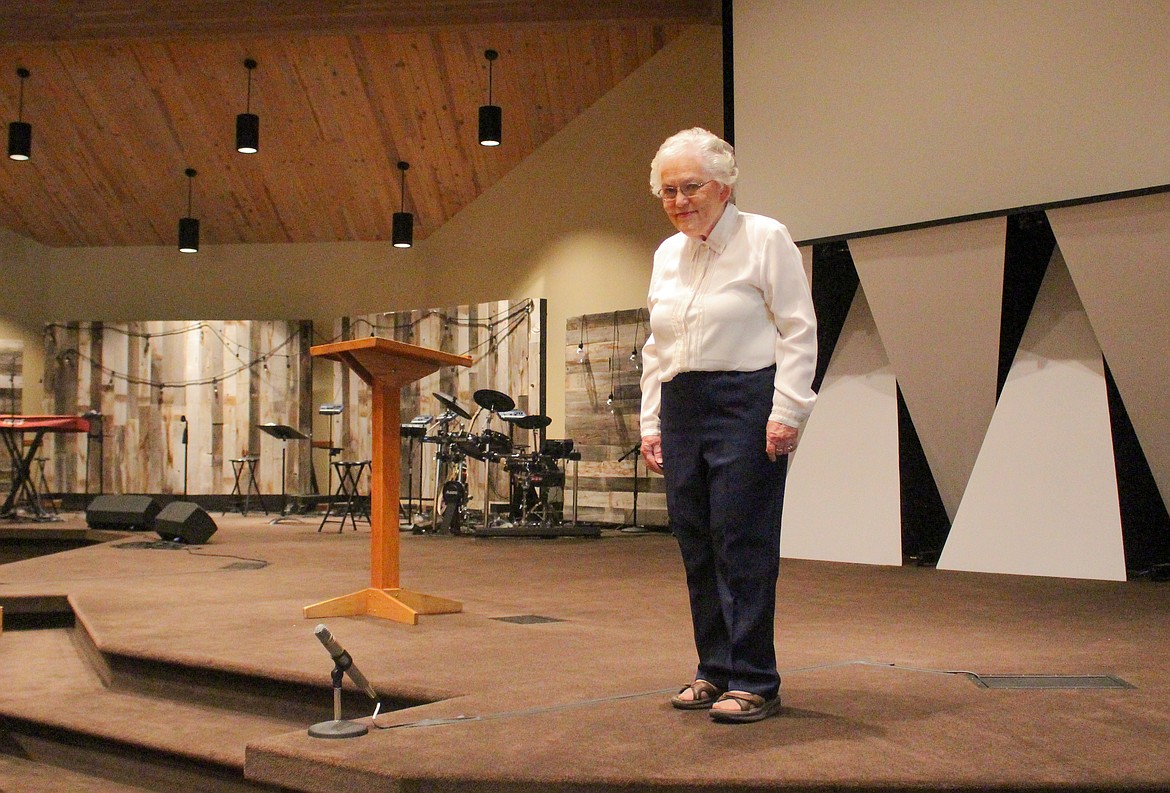 Frances Irwin, president of the Central Basin Community Concert Association, stands on the stage for tonight’s performance at the Moses Lake Alliance Church.