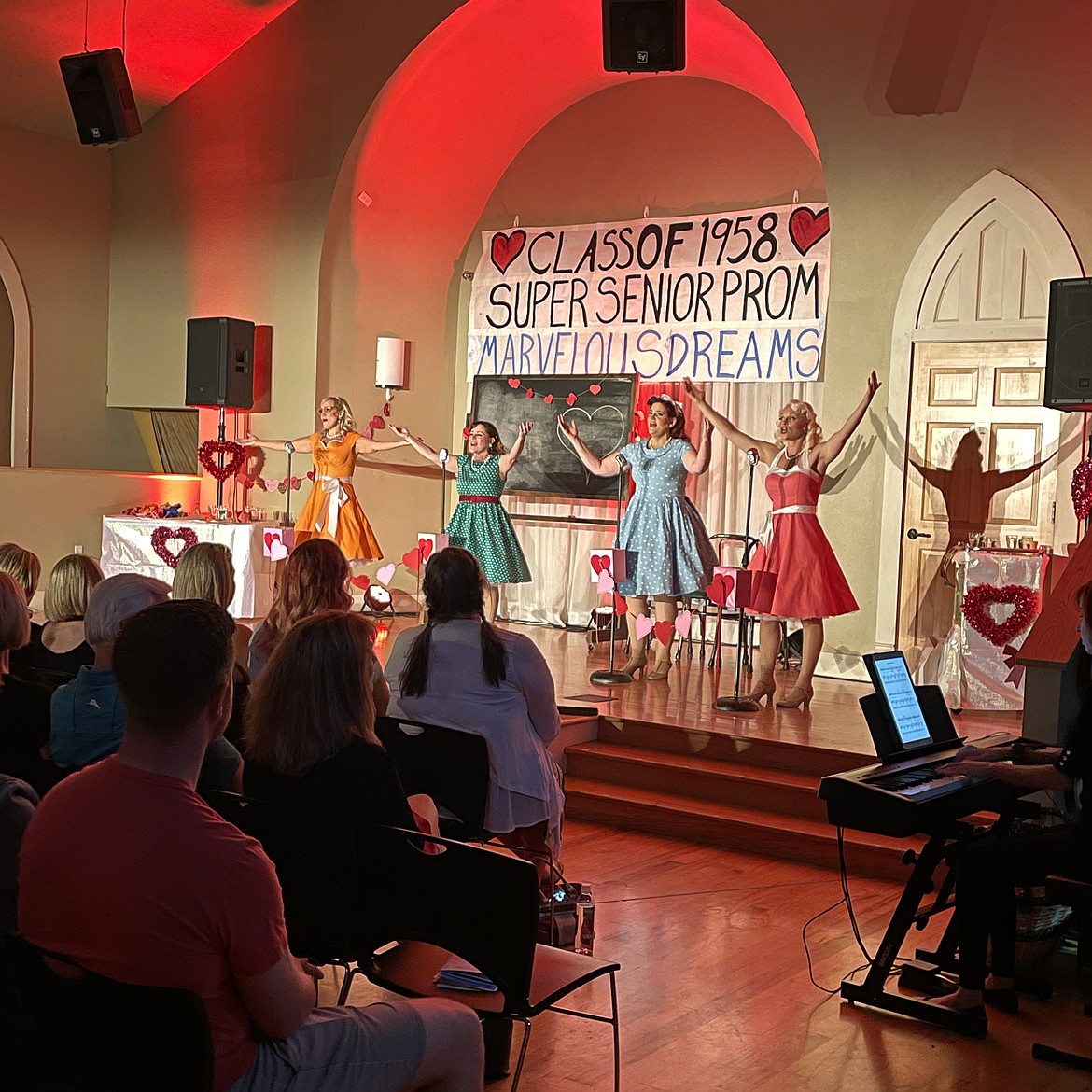 From left, Heidi Santiago, Callie McKinney Cabe, Jen Kleinkauf and Amy D'Orazi harmonize '50s and 60s classic tunes in "The Marvelous Wonderettes" at The Jacklin Arts and Cultural Center in Post Falls in August. The show is back for a one-night reprise at the Salvation Army Kroc Center theater on Saturday at 7:30 p.m. Courtesy photo