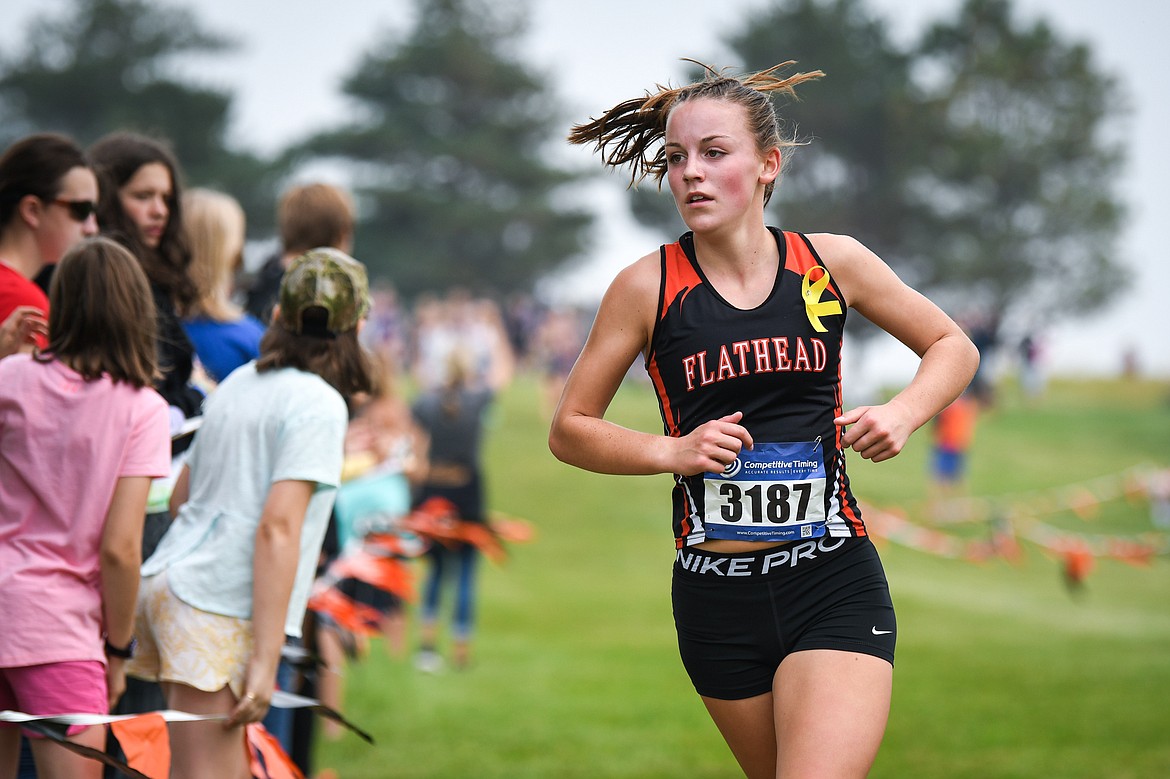 Flathead's Lilli Rumsey Eash placed first with a time of 19:33.90 at the Flathead Invite at Rebecca Farm on Friday, Sept. 10. (Casey Kreider/Daily Inter Lake)