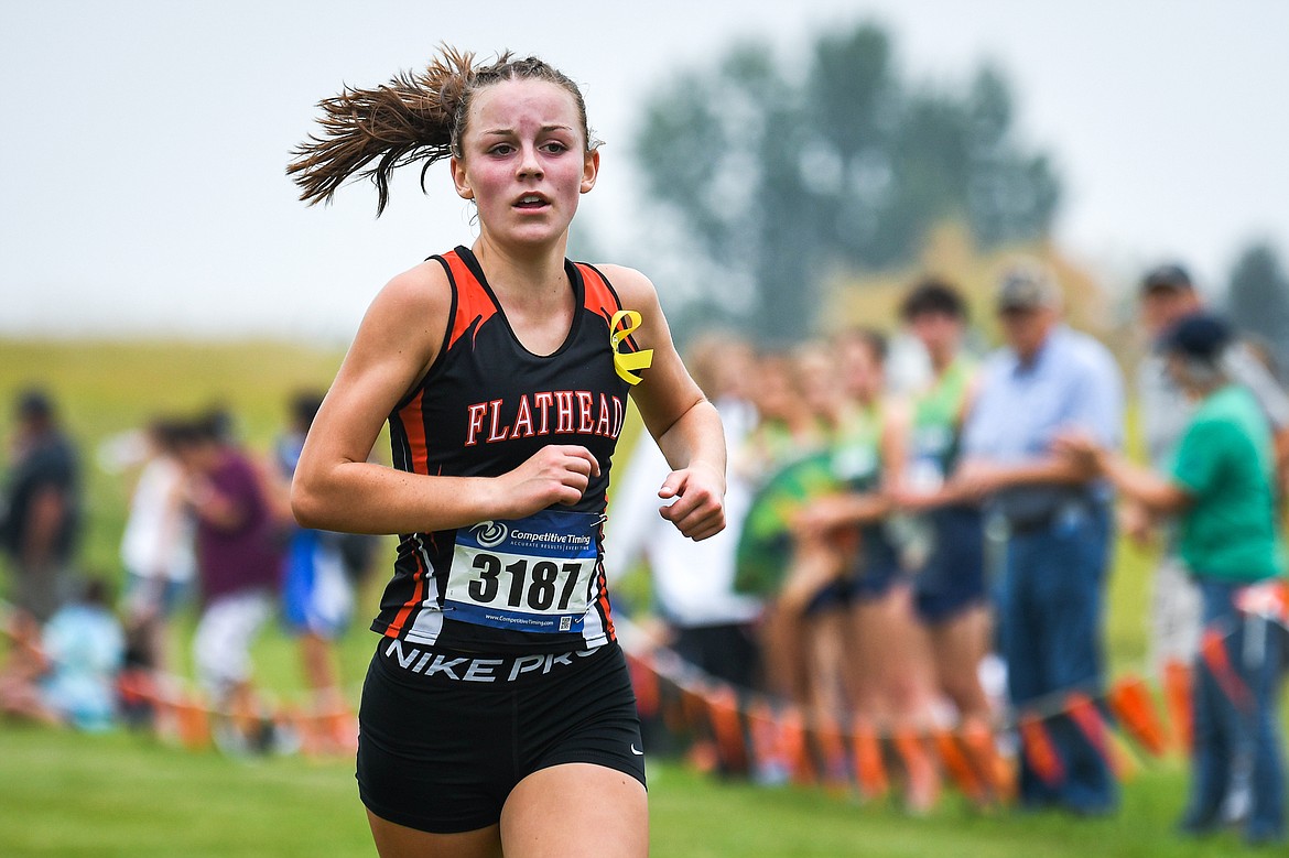 Flathead's Lilli Rumsey Eash heads to the finish line at the Flathead Invite at Rebecca Farm on Friday, Sept. 10. Rumsey Eash placed first in the girls' race with a time of 19:33.90. (Casey Kreider/Daily Inter Lake)