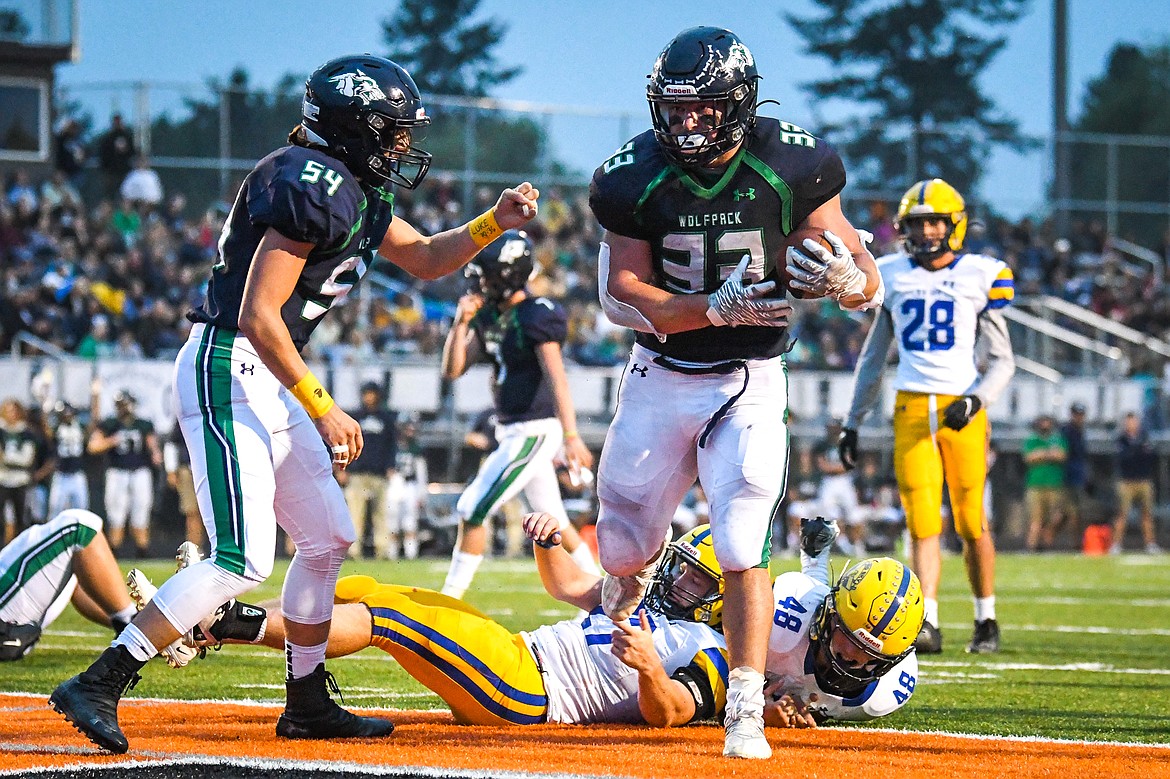 Glacier running back Jake Rendina (33) scores a second-quarter touchdown against Missoula Big Sky at Legends Stadium on Friday, Sept. 10. (Casey Kreider/Daily Inter Lake)