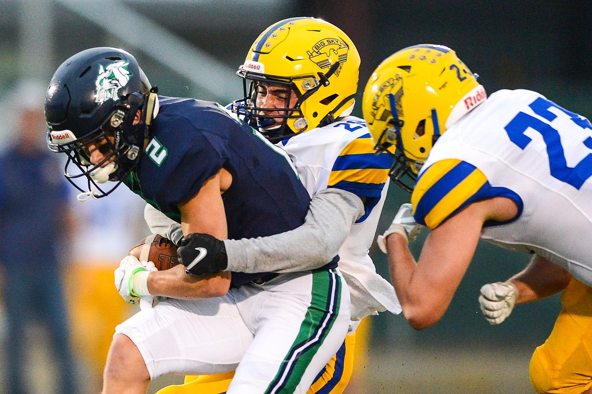 Glacier wide receiver Connor Sullivan (2) picks up yardage after a reception against Missoula Big Sky at Legends Stadium on Friday, Sept. 10. (Casey Kreider/Daily Inter Lake)