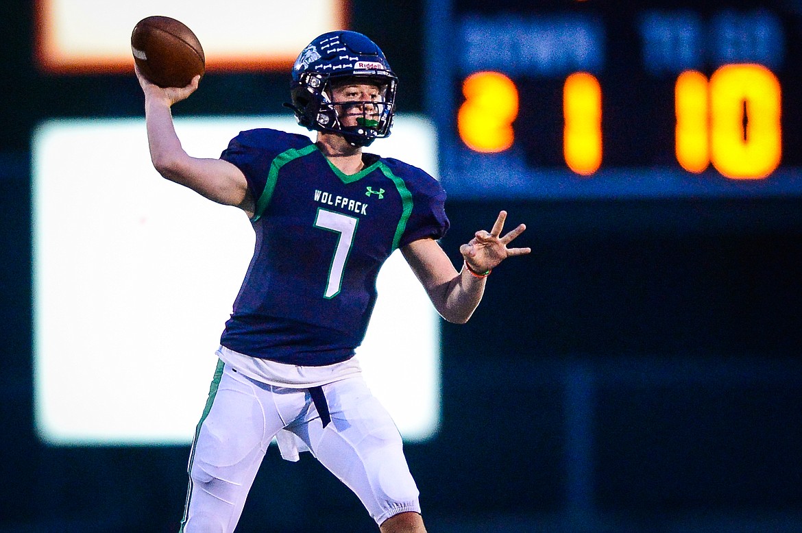 Glacier quarterback Gage Sliter (7) looks to pass in the third quarter against Missoula Big Sky at Legends Stadium on Friday, Sept. 10. (Casey Kreider/Daily Inter Lake)