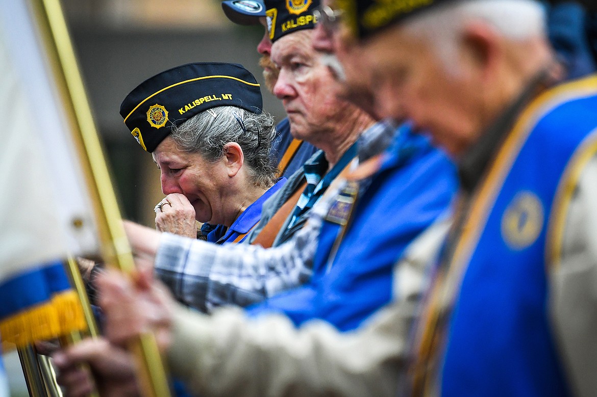 Kalispell American Legion Post 137 Vice Commander Laura Westcott wipes away tears during a commemorative ceremony at Depot Park at the Post's 9/11 Freedom Walk on Saturday, Sept. 11. (Casey Kreider/Daily Inter Lake)