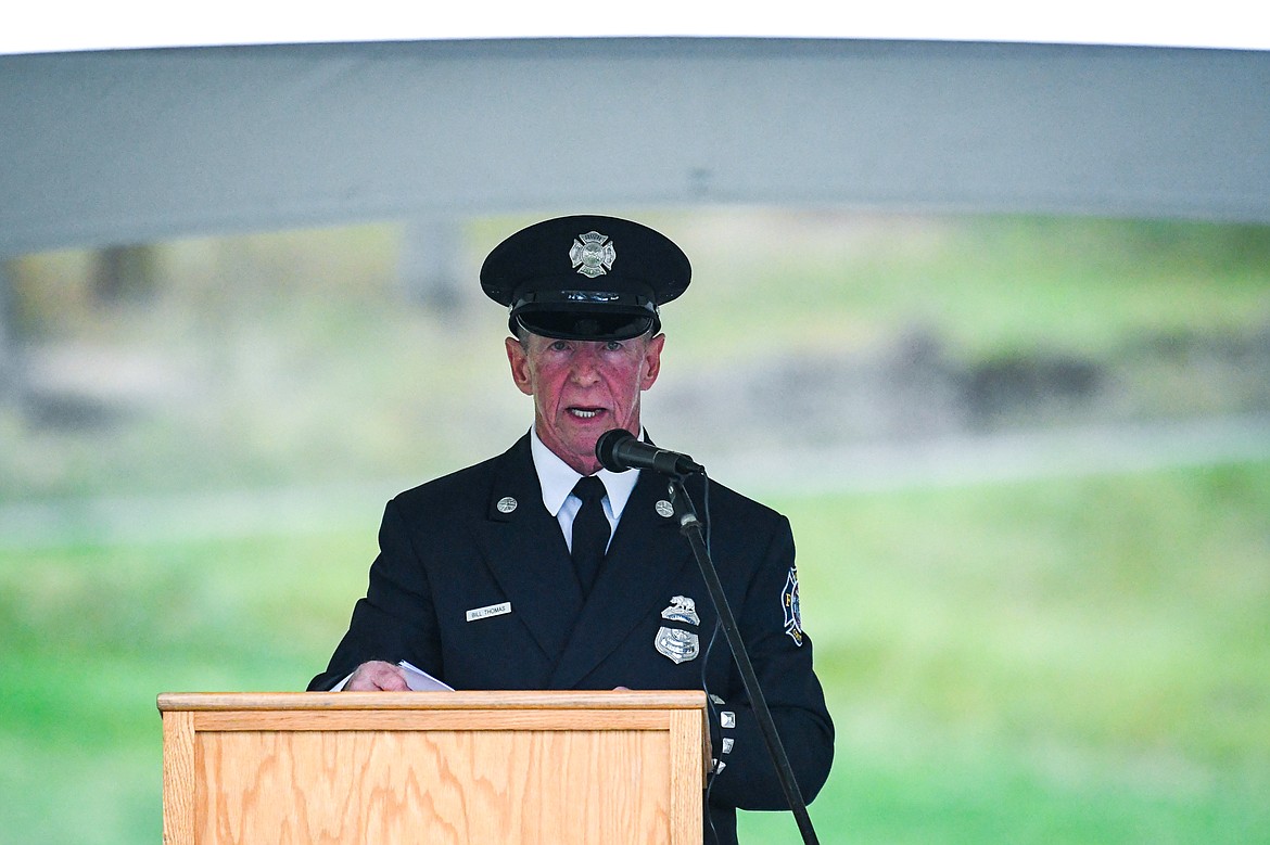 Bill Thomas, president of the 9/11 Honor & Serve Foundation and a retired firefighter and paramedic, addresses the crowd at the 9/11 Honor & Serve Foundation's 20-year Remembrance Ceremony at Wrangler Springs Ranch in Bigfork on Saturday, Sept. 11, 2021. (Casey Kreider/Daily Inter Lake)