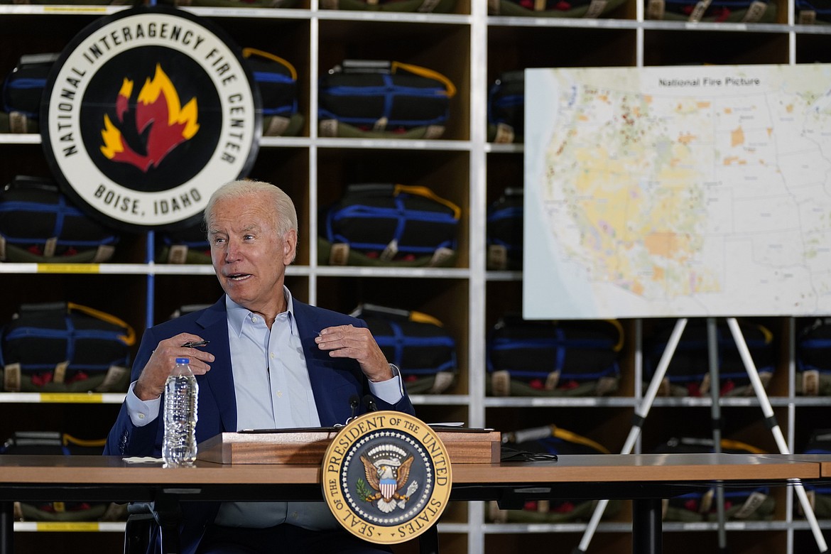 President Joe Biden speaks during a visit to the National Interagency Fire Center on Monday, Sept. 13, 2021, in Boise, Idaho. (Evan Vucci/Associated Press)