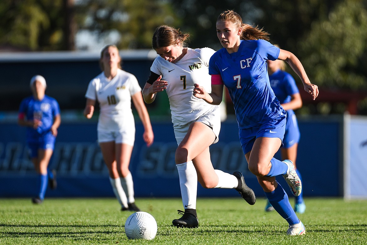 Columbia Falls' Maddie Robison (7) pushes the ball upfield in the second half against Whitefish at Columbia Falls High School on Tuesday, Sept. 14. (Casey Kreider/Daily Inter Lake)