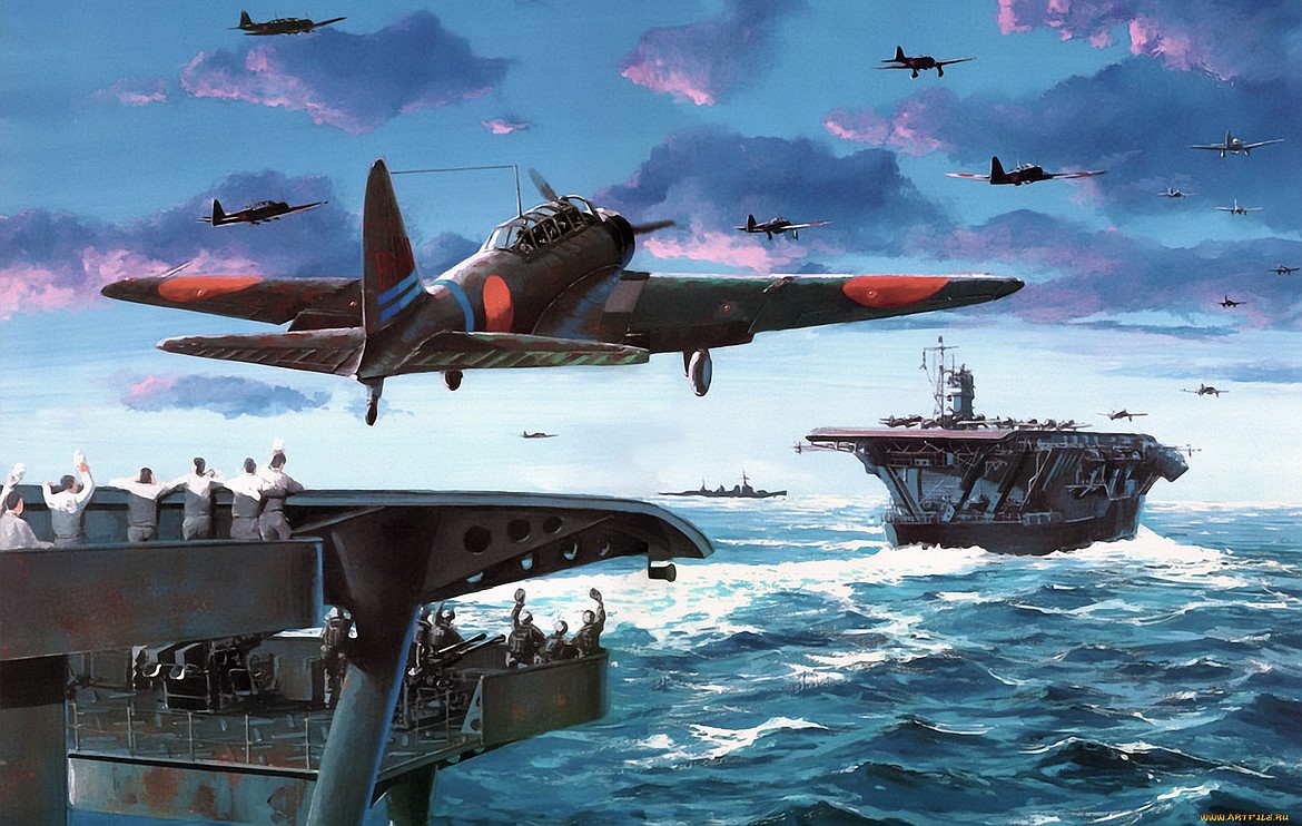 Japanese fighters taking off carrier Akagi to intercept attacking American planes.