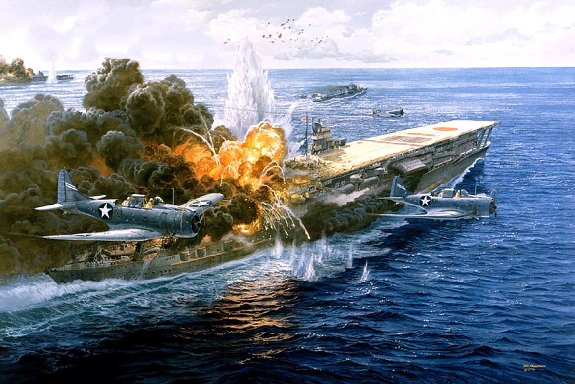 Painting of Japanese aircraft carrier Akagi being attacked and sunk by U.S. Navy dive-bombers.