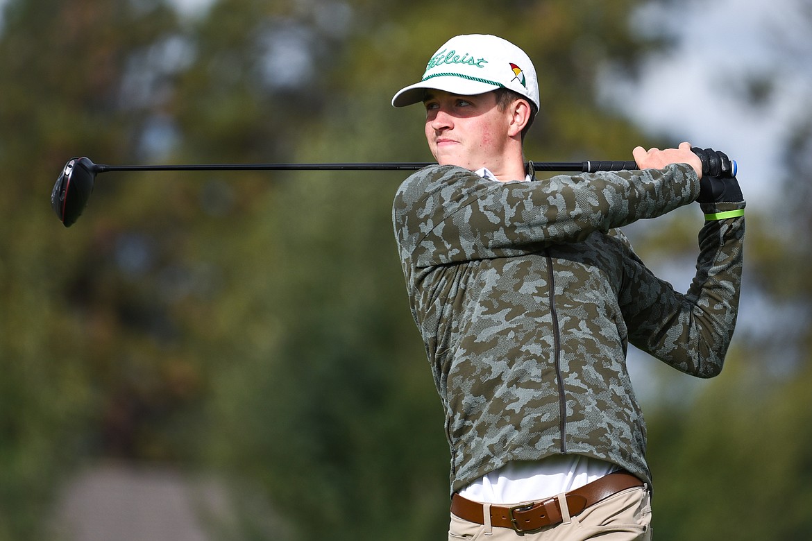 Glacier's Tyler Avery watches his drive on the 11th hole at Northern Pines Golf Club during the Kalispell Invite on Wednesday, Sept. 15. (Casey Kreider/Daily Inter Lake)