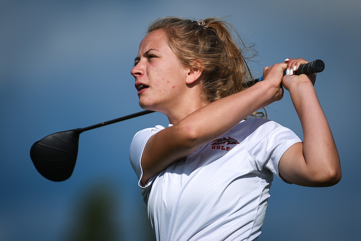 Flathead's McKinlie Murer watches her drive on the fifth hole at Northern Pines Golf Club during the Kalispell Invite on Wednesday, Sept. 15. (Casey Kreider/Daily Inter Lake)