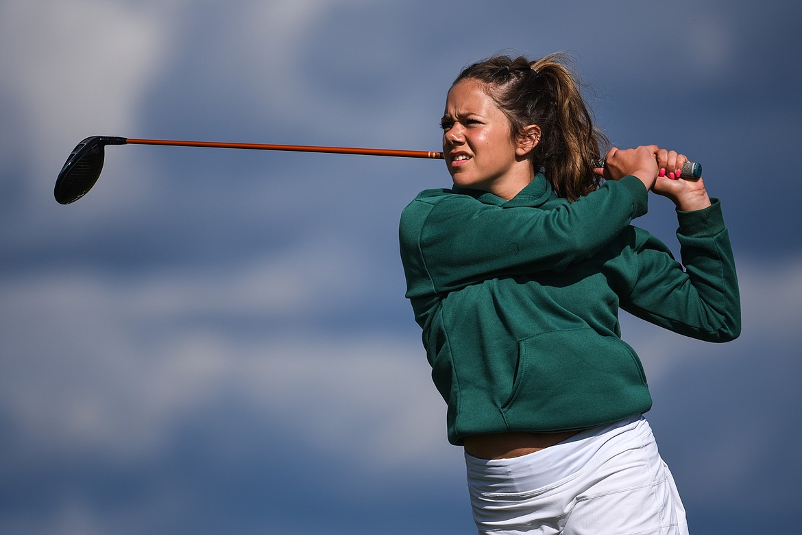 Glacier's Chloe Tanner watches her drive on the fifth hole at Northern Pines Golf Club during the Kalispell Invite on Wednesday, Sept. 15. (Casey Kreider/Daily Inter Lake)