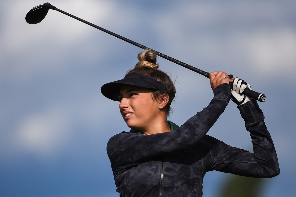 Glacier's Stella Claridge watches her drive on the fifth hole at Northern Pines Golf Club during the Kalispell Invite on Wednesday, Sept. 15. (Casey Kreider/Daily Inter Lake)