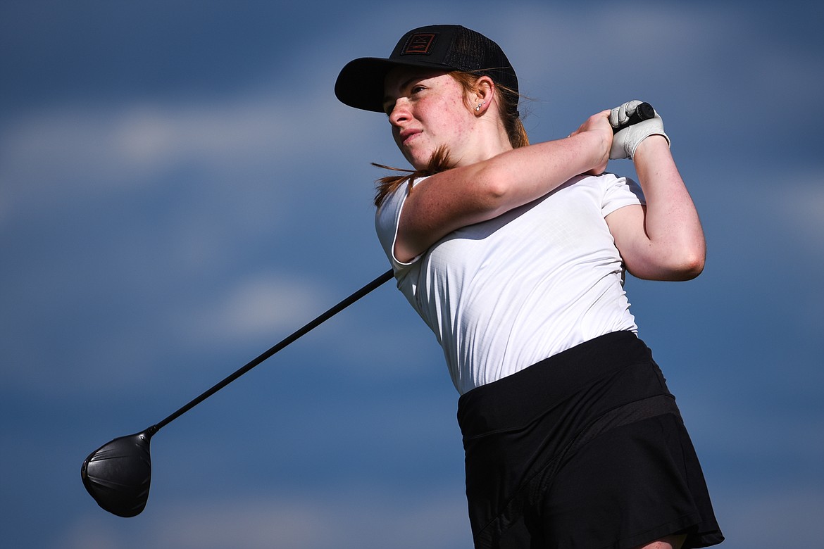 Flathead's Jillian Wynne watches her drive on the fifth hole at Northern Pines Golf Club during the Kalispell Invite on Wednesday, Sept. 15. (Casey Kreider/Daily Inter Lake)