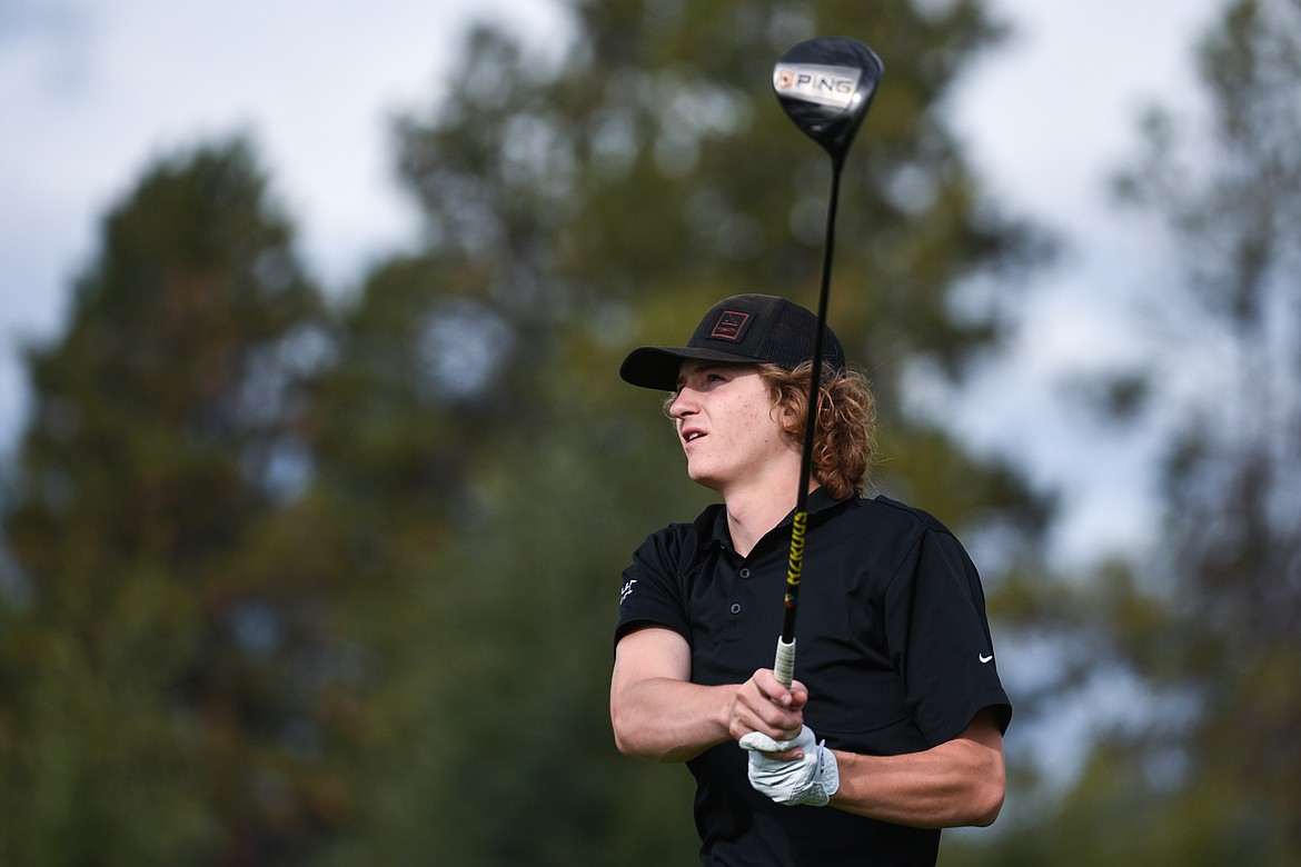 Flathead's Joston Cripe watches his drive on the 11th hole at Northern Pines Golf Club during the Kalispell Invite on Wednesday, Sept. 15. (Casey Kreider/Daily Inter Lake)