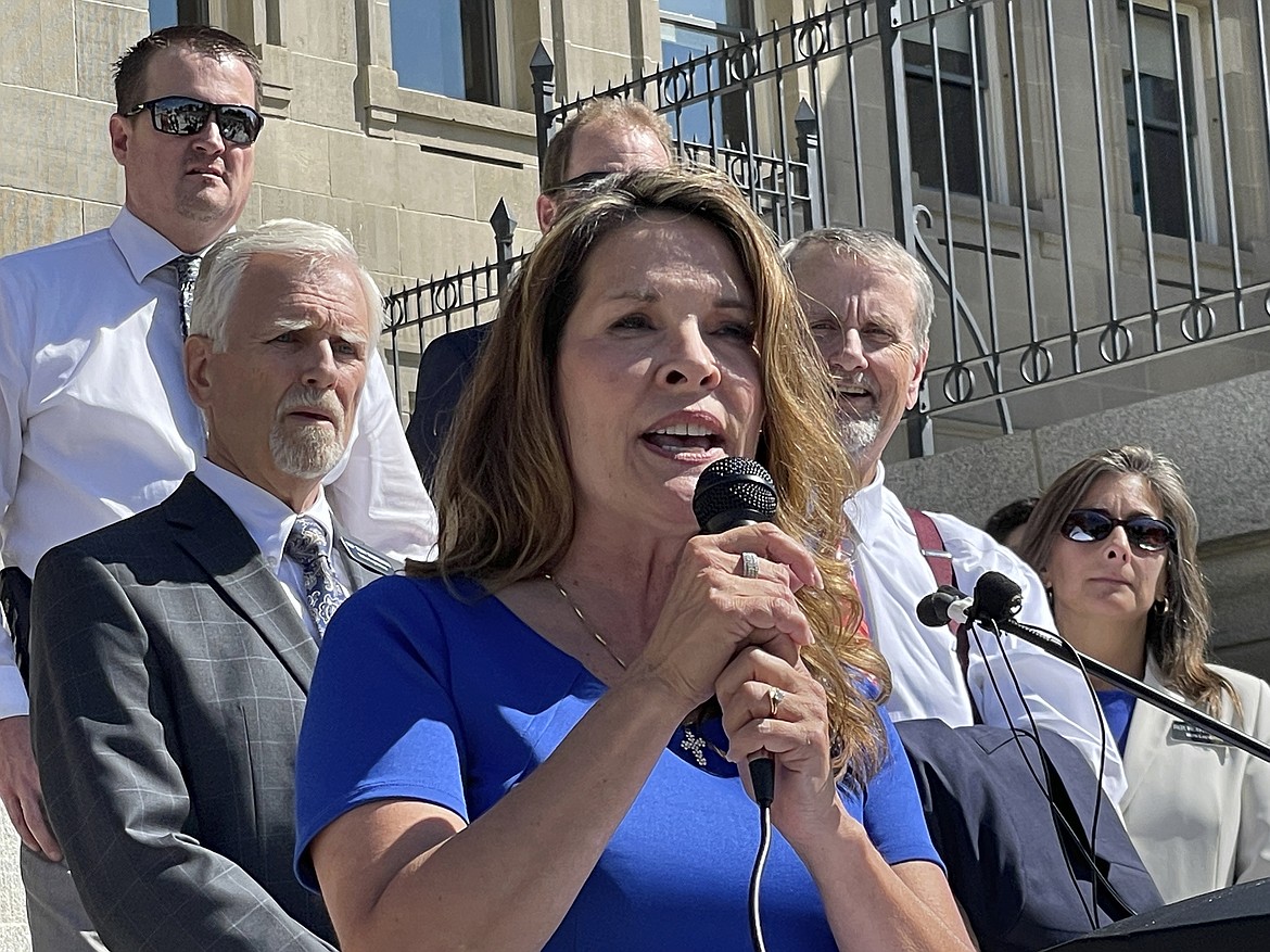 Republican Lt. Gov. Janice McGeachin addresses a rally on the Statehouse steps on Wednesday, Sept. 15, 2021, in Boise, Idaho. Far-right Republican lawmakers in the House tried but failed to draw enough lawmakers for a quorum to reconvene the House.