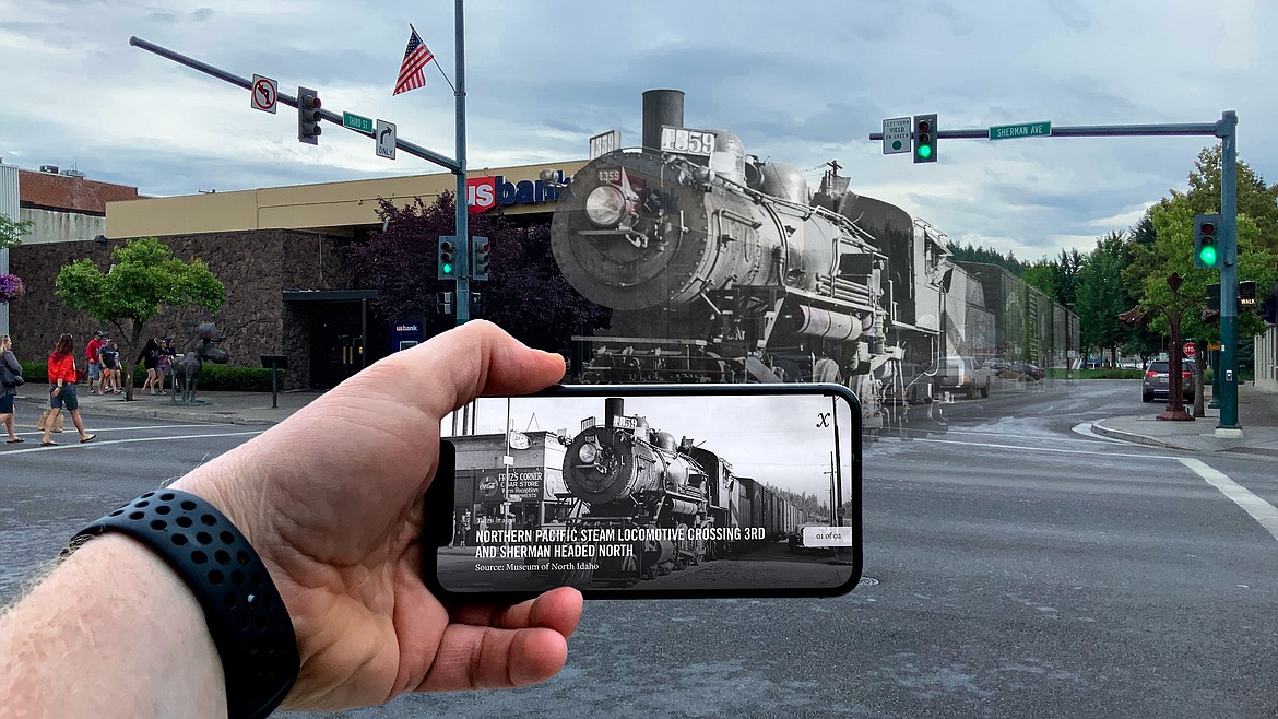 This overlay of historic and current images shows the Northern Pacific Steam Locomotive crossing Third Street and Sherman Avenue in downtown Coeur d'Alene. Through his app, Historik, Coeur d'Alene resident Chris Whalen is creating augmented reality experiences of history for users to view in 3D at their original location through their devices. Image courtesy of Chris Whalen