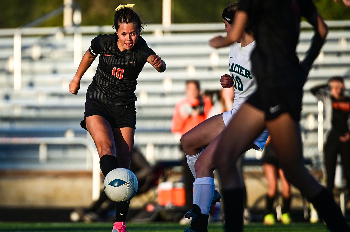 Flathead's Ashlynn Whiteman (10) looks to shoot in the second half against Glacier at Legends Stadium on Thursday, Sept. 16. (Casey Kreider/Daily Inter Lake)