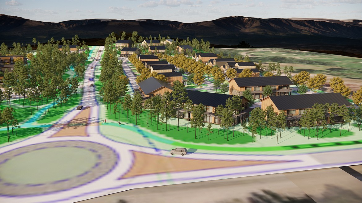 This rendering shows a large housing development proposed at the intersection of Big Mountain Road and East Lakeshore Drive. The proposal is scheduled for consideration by the Whitefish Planning Board.