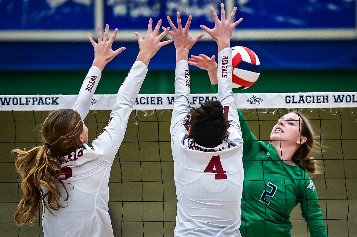 Glacier's Sidney Gulick (2) goes up for a kill against Helena at Glacier High School on Saturday, Sept. 18. (Casey Kreider/Daily Inter Lake)