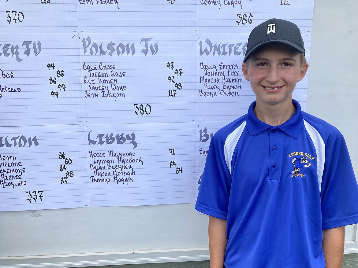 Reece Malyevac stands in front of the scoreboard at the Polson Bay Invitational on Sept. 13. Malyevac placed first at the event, carding a 1 under 71. (Photo courtesy of Dann Rohrer)